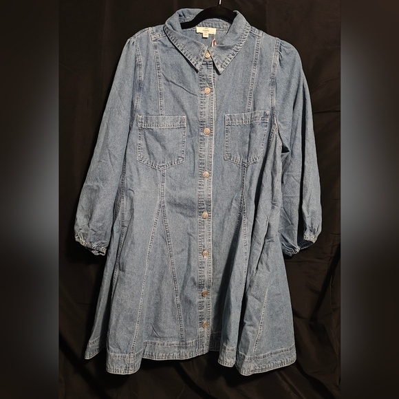 Long Sleeve Mini Fit & Flare Denim Dress Medium Wash Sz. Large - Picture 1 of 11
